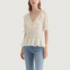 Sweet and Romantic Off-White Ruffled V-Neck Short-Sleeved Top