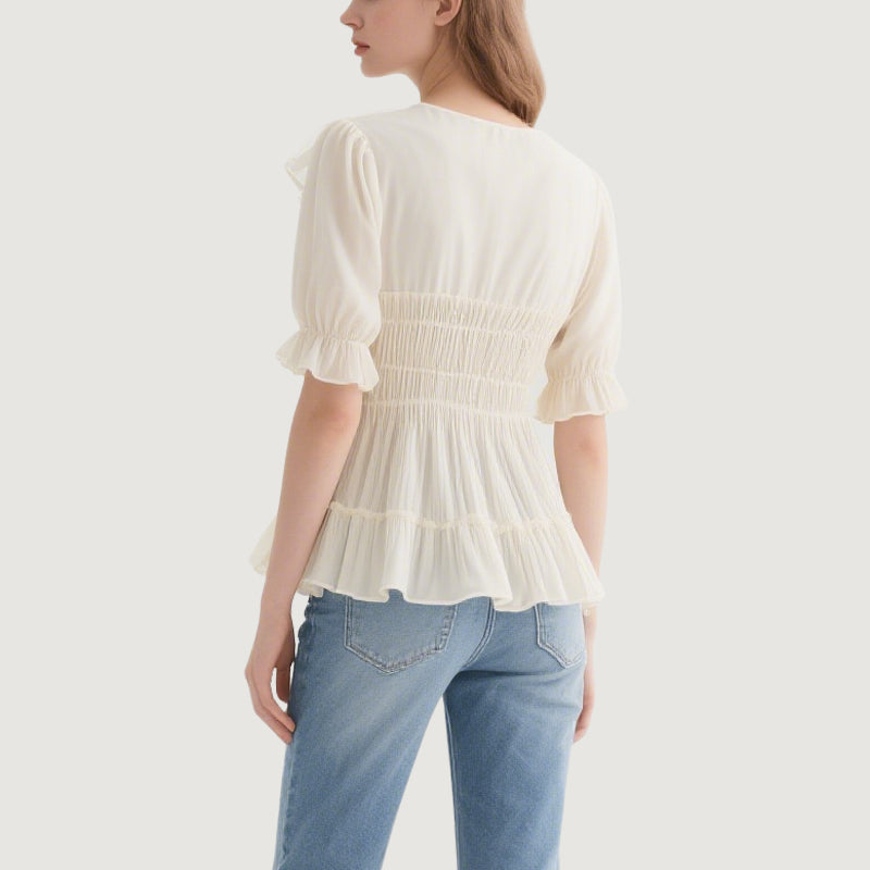 Sweet and Romantic Off-White Ruffled V-Neck Short-Sleeved Top
