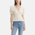 Elegant Off-White Puff Sleeve V-Neck Waisted Top