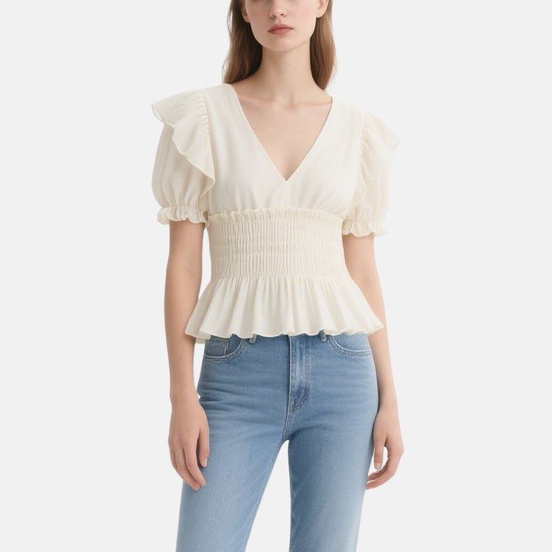 Elegant Off-White Puff Sleeve V-Neck Waisted Top