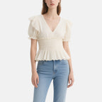 Elegant Off-White Puff Sleeve V-Neck Waisted Top
