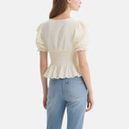 Elegant Off-White Puff Sleeve V-Neck Waisted Top