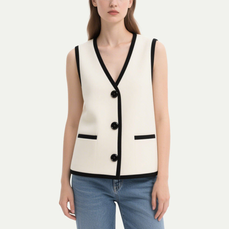 Classic Black and White Contrasting V-Neck Sleeveless Top
