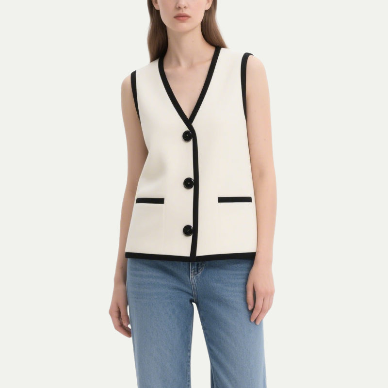 Classic Black and White Contrasting V-Neck Sleeveless Top