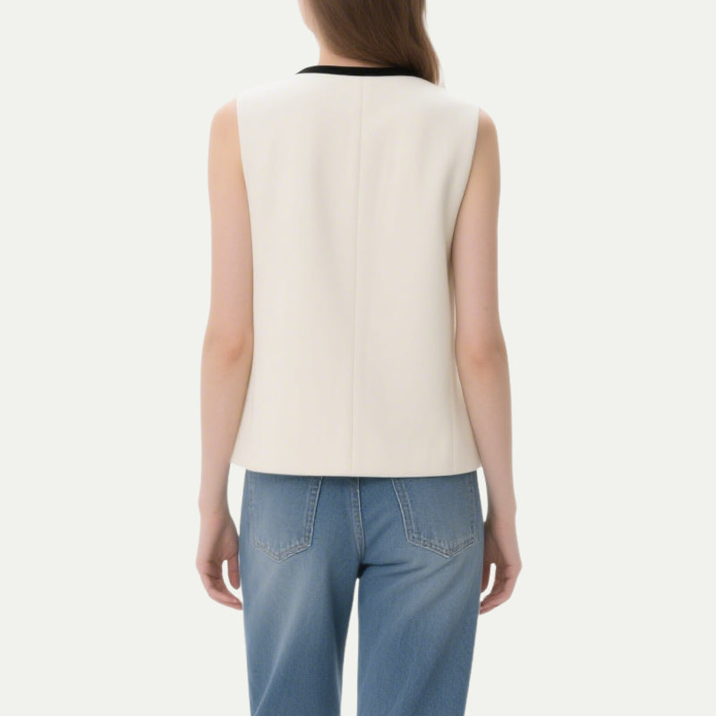 Classic Black and White Contrasting V-Neck Sleeveless Top