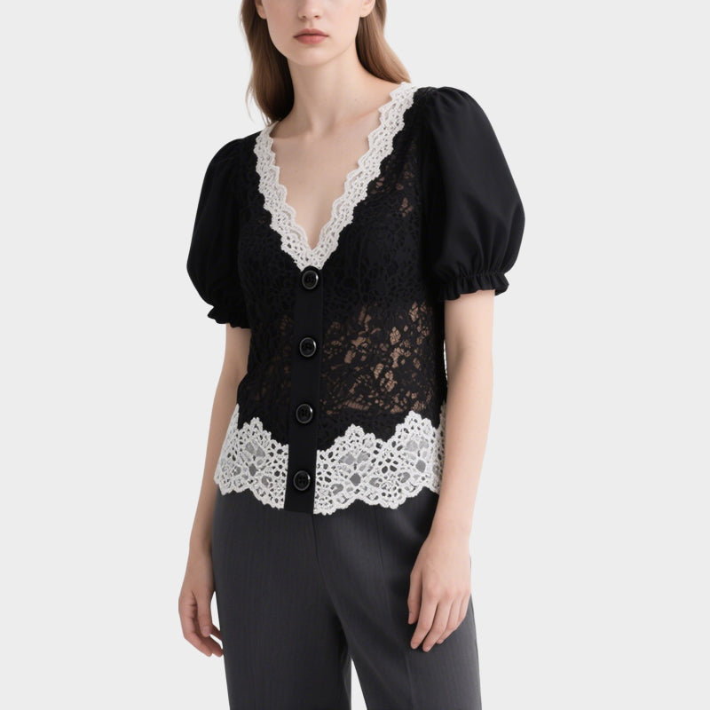 Elegant Retro Black Lace Splicing V-Neck Puff Sleeve Top