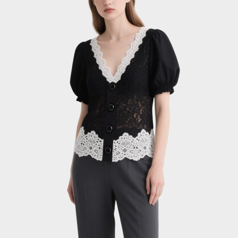 Elegant Retro Black Lace Splicing V-Neck Puff Sleeve Top