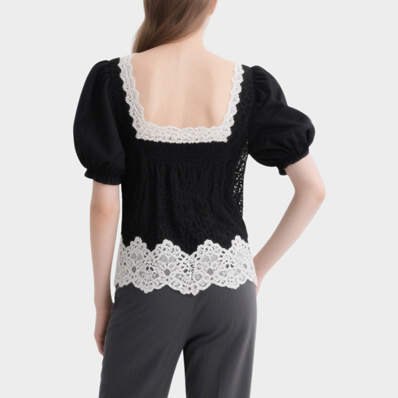 Elegant Retro Black Lace Splicing V-Neck Puff Sleeve Top