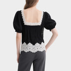 Elegant Retro Black Lace Splicing V-Neck Puff Sleeve Top