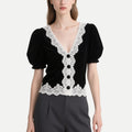 Exquisite and Elegant Black V-Neck Lace Short-Sleeved Top