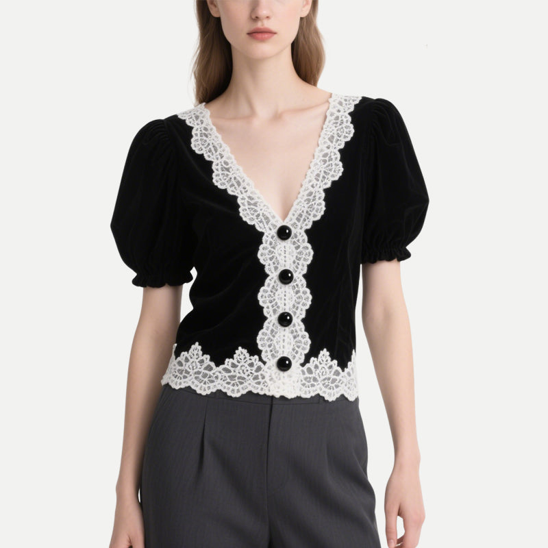 Exquisite and Elegant Black V-Neck Lace Short-Sleeved Top
