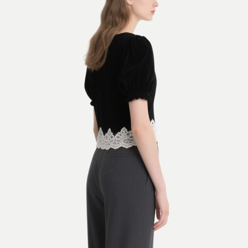 Exquisite and Elegant Black V-Neck Lace Short-Sleeved Top
