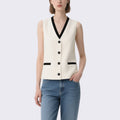 Simple and Capable Off-White Contrasting V-Neck Sleeveless Vest