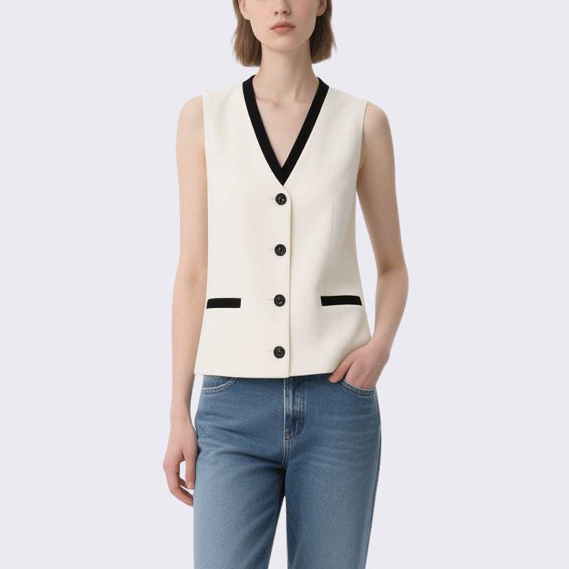 Simple and Capable Off-White Contrasting V-Neck Sleeveless Vest