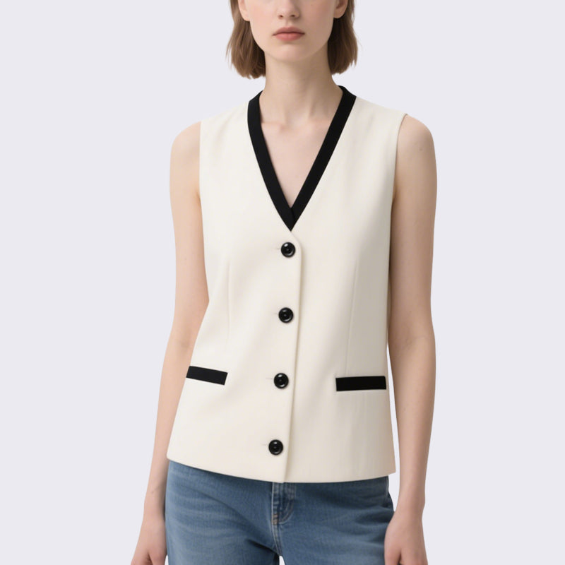 Simple and Capable Off-White Contrasting V-Neck Sleeveless Vest