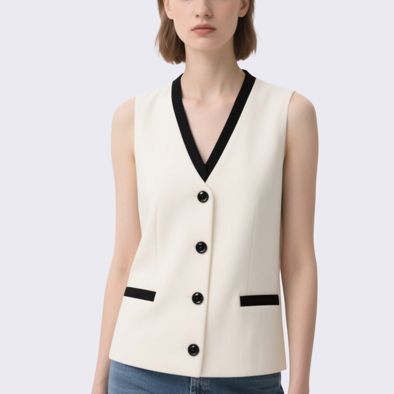 Simple and Capable Off-White Contrasting V-Neck Sleeveless Vest
