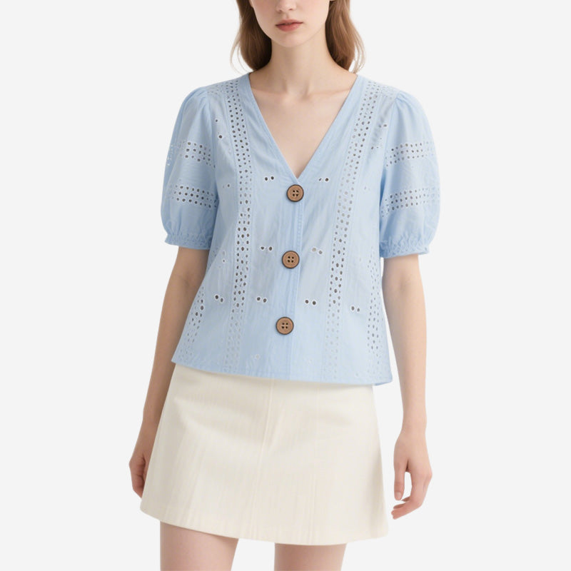 Fresh and Romantic Light Blue Embroidered V-Neck Puff Sleeve Short-Sleeved Shirt