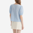 Fresh and Romantic Light Blue Embroidered V-Neck Puff Sleeve Short-Sleeved Shirt