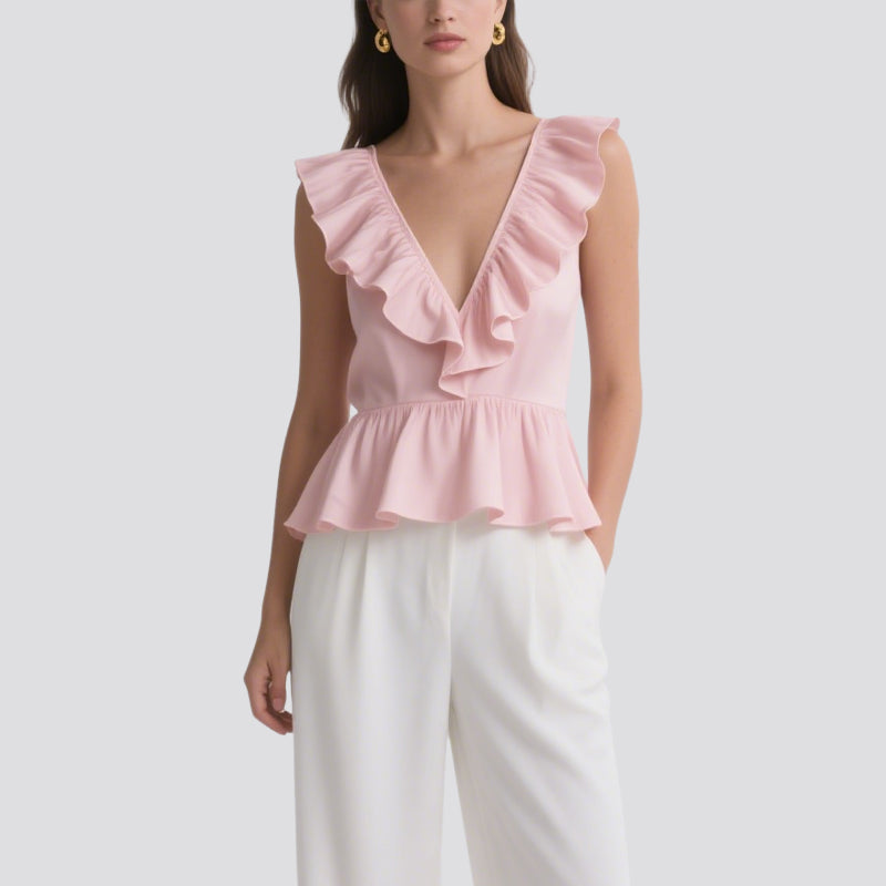 Sweet and Romantic Pink Ruffled V-Neck Sleeveless Top