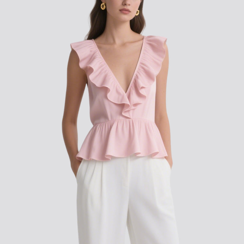 Sweet and Romantic Pink Ruffled V-Neck Sleeveless Top