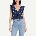 Navy Blue Cross-Printed Ruffled V-Neck Vest Top