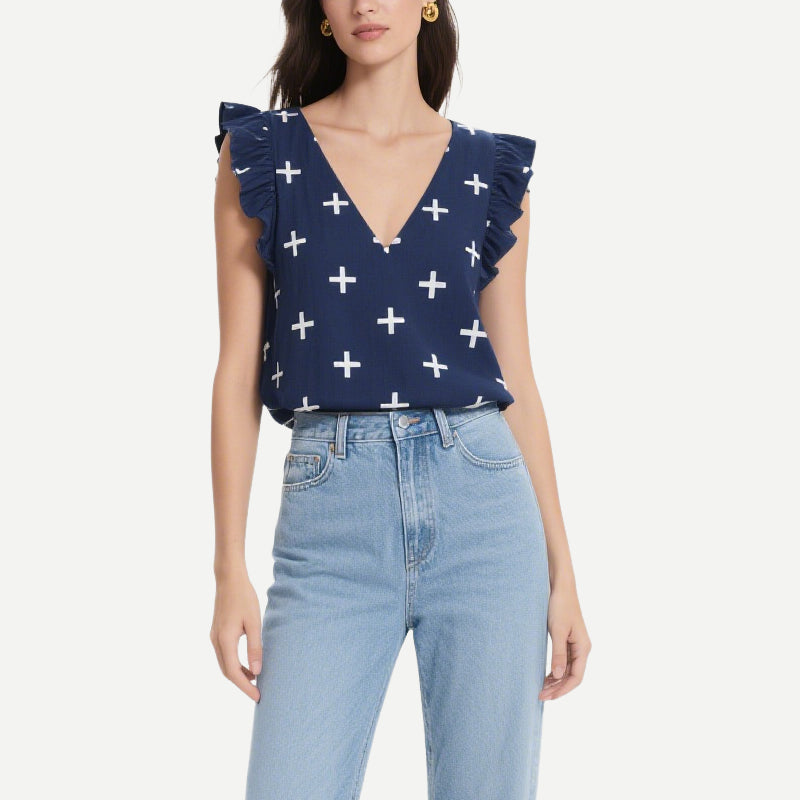 Navy Blue Cross-Printed Ruffled V-Neck Vest Top