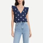 Navy Blue Cross-Printed Ruffled V-Neck Vest Top