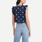 Navy Blue Cross-Printed Ruffled V-Neck Vest Top