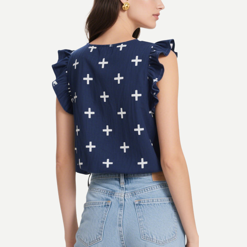 Navy Blue Cross-Printed Ruffled V-Neck Vest Top