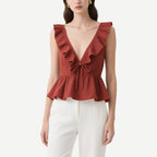 Retro and Elegant Brick Red Ruffled Lace V V-Neck Waist Top