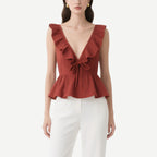 Retro and Elegant Brick Red Ruffled Lace V V-Neck Waist Top