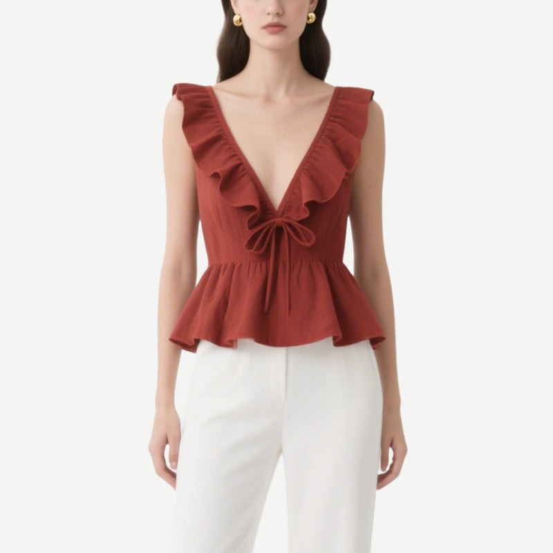 Retro and Elegant Brick Red Ruffled Lace V V-Neck Waist Top