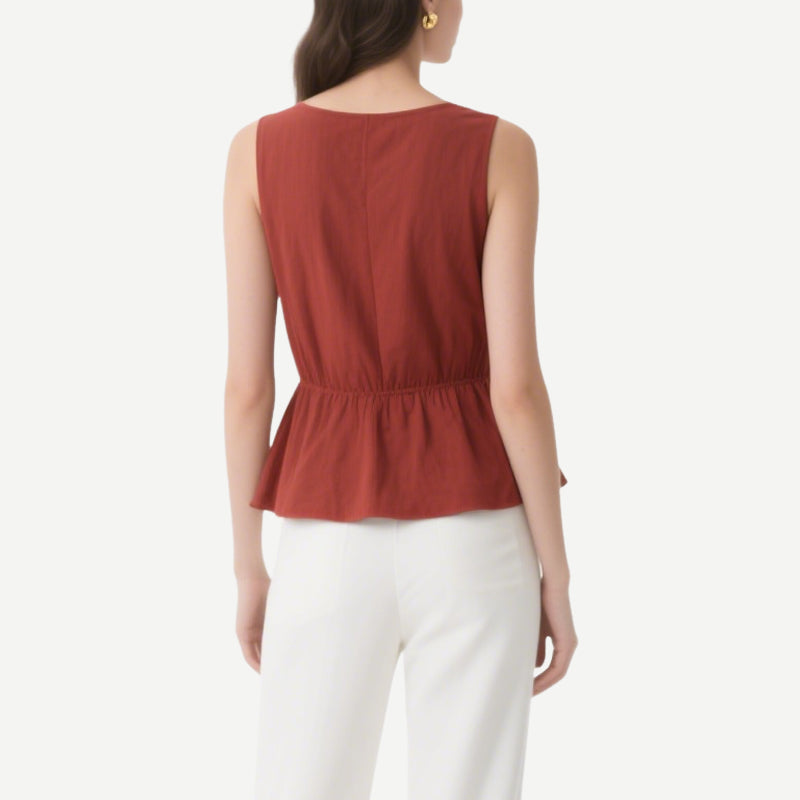 Retro and Elegant Brick Red Ruffled Lace V V-Neck Waist Top