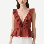 Retro and Elegant Brick Red Ruffled Lace V V-Neck Waist Top