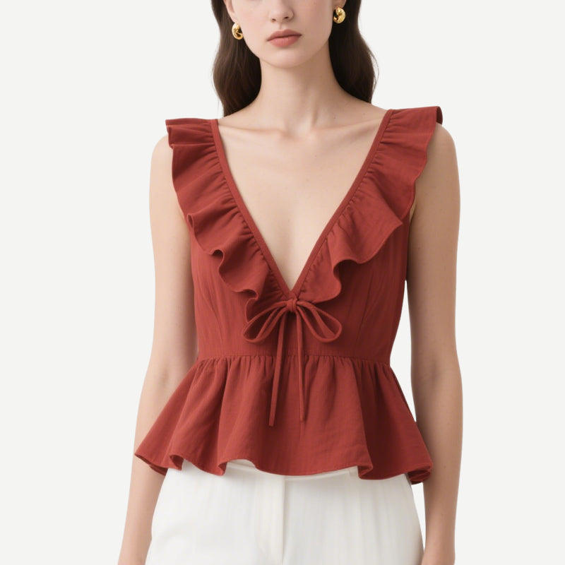 Retro and Elegant Brick Red Ruffled Lace V V-Neck Waist Top
