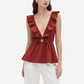 Fashionable and Sexy Brick Red Deep V Ruffled Lace-Up Hollow Top