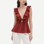 Fashionable and Sexy Brick Red Deep V Ruffled Lace-Up Hollow Top
