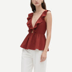 Fashionable and Sexy Brick Red Deep V Ruffled Lace-Up Hollow Top