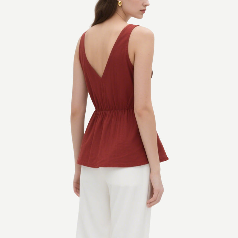 Fashionable and Sexy Brick Red Deep V Ruffled Lace-Up Hollow Top