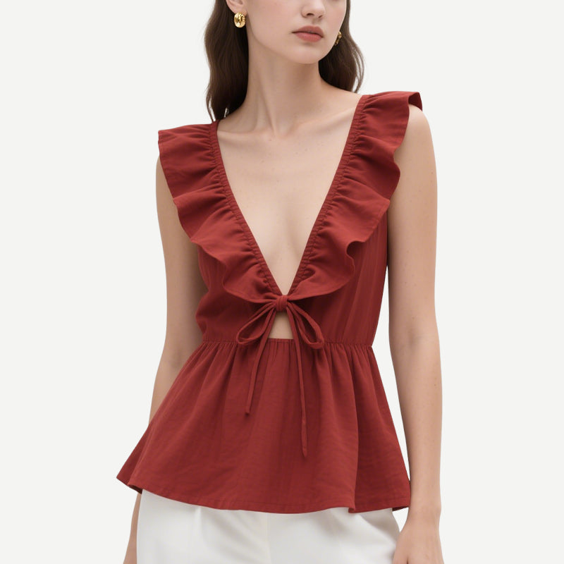 Fashionable and Sexy Brick Red Deep V Ruffled Lace-Up Hollow Top