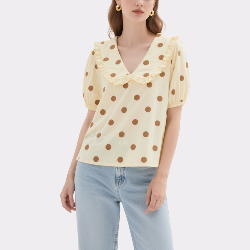 Light Yellow Polka Dot Ruffled V-Neck Puff Sleeve Top