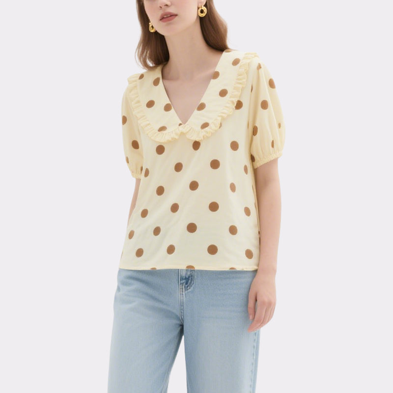 Light Yellow Polka Dot Ruffled V-Neck Puff Sleeve Top