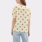Light Yellow Polka Dot Ruffled V-Neck Puff Sleeve Top
