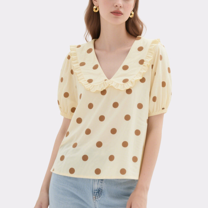 Light Yellow Polka Dot Ruffled V-Neck Puff Sleeve Top