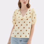 Light Yellow Polka Dot Ruffled V-Neck Puff Sleeve Top