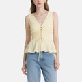 Gentle and Sweet Light Yellow Lace-Up Pleated V-Neck Sleeveless Top