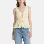 Gentle and Sweet Light Yellow Lace-Up Pleated V-Neck Sleeveless Top