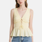 Gentle and Sweet Light Yellow Lace-Up Pleated V-Neck Sleeveless Top