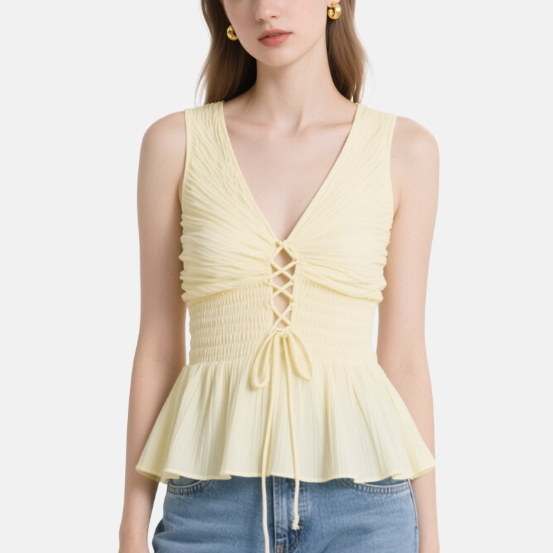 Gentle and Sweet Light Yellow Lace-Up Pleated V-Neck Sleeveless Top