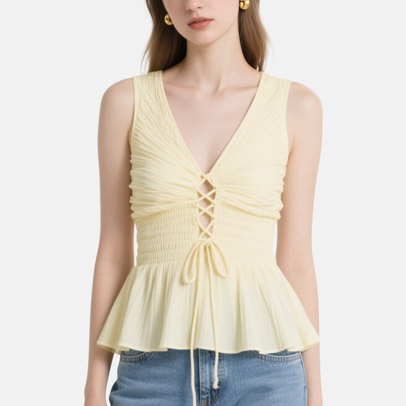 Gentle and Sweet Light Yellow Lace-Up Pleated V-Neck Sleeveless Top